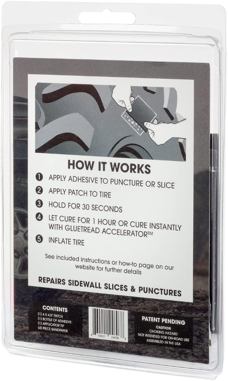 Gluetread Sidewall Tire Repair Kit | Patch Sidewall of Your Tire | Kit Includes (1) 4"X4.5"X3/16 Patch (4) Pieces of Sandpaper, Adhesive & Instructions | Atv Tire Repair Kit for Off-Road Use Only