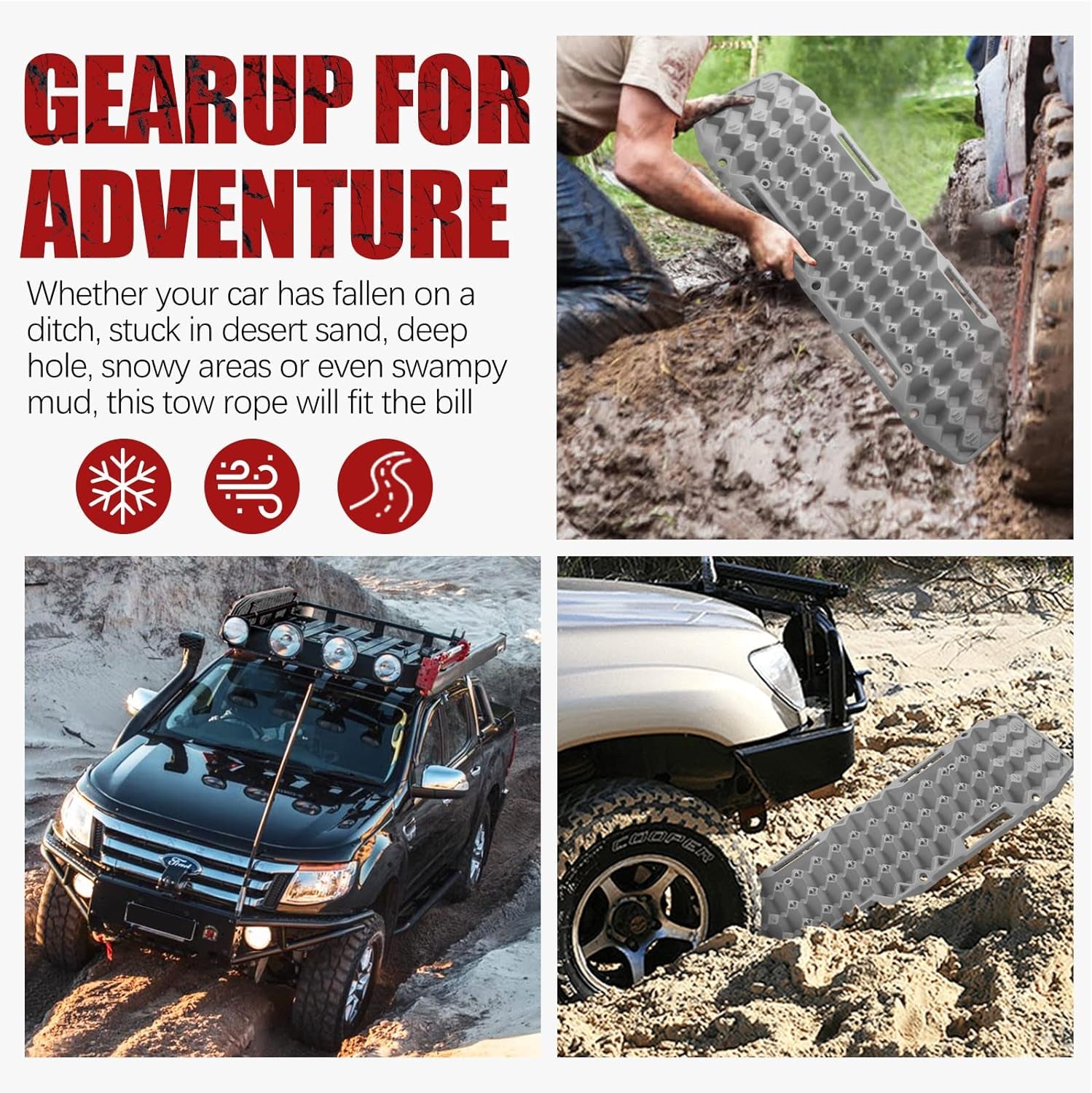 Bunker Industries Traction Boards, Pair Recovery Tracks Traction Mat for 4X4 Truck Jeep Mud, Snow, Sand Ramp-Grey Emergency Tire Traction Pads