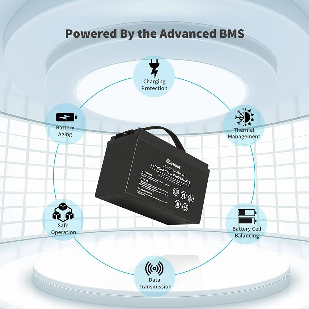 12V 100Ah Lithium Lifepo4 Deep Cycle Battery with Bluetooth,2000+Deep Cycles,Backup Power Perfect for Rv,Off-Road,Cabin,Marine,Off-Grid Home Energy Storage(2Pics)