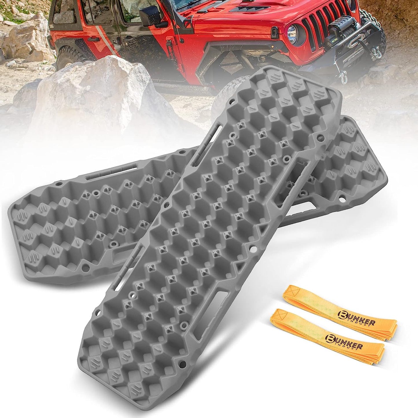 Bunker Industries Traction Boards, Pair Recovery Tracks Traction Mat for 4X4 Truck Jeep Mud, Snow, Sand Ramp-Grey Emergency Tire Traction Pads