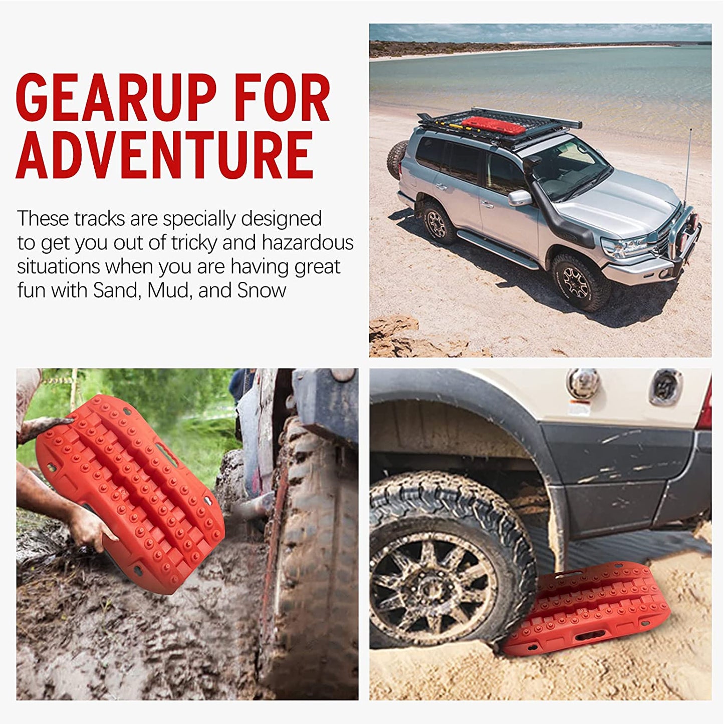 off Road Traction Boads, 2 Pcs Short Recovery Track Traction Mats for 4WD Mud, Sand, Snow Ramps-Red Tire Traction Tool (Without Strap)
