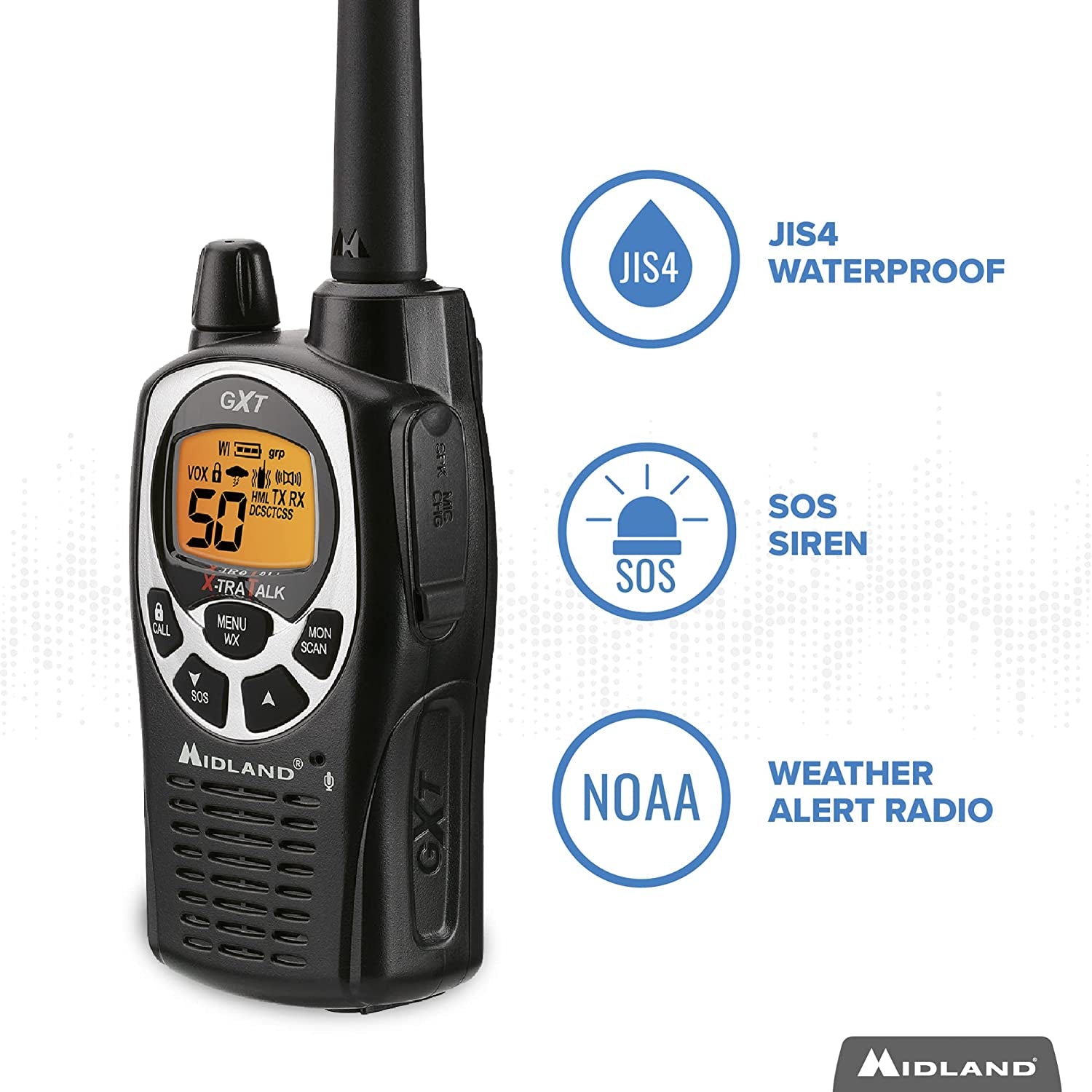 GXT1000VP4 - 50 Channel GMRS Two-Way Radio - Long Range Walkie Talkie with 142 Privacy Codes, SOS Siren, and NOAA Weather Alerts and Weather Scan (Black/Silver, Pair Pack)