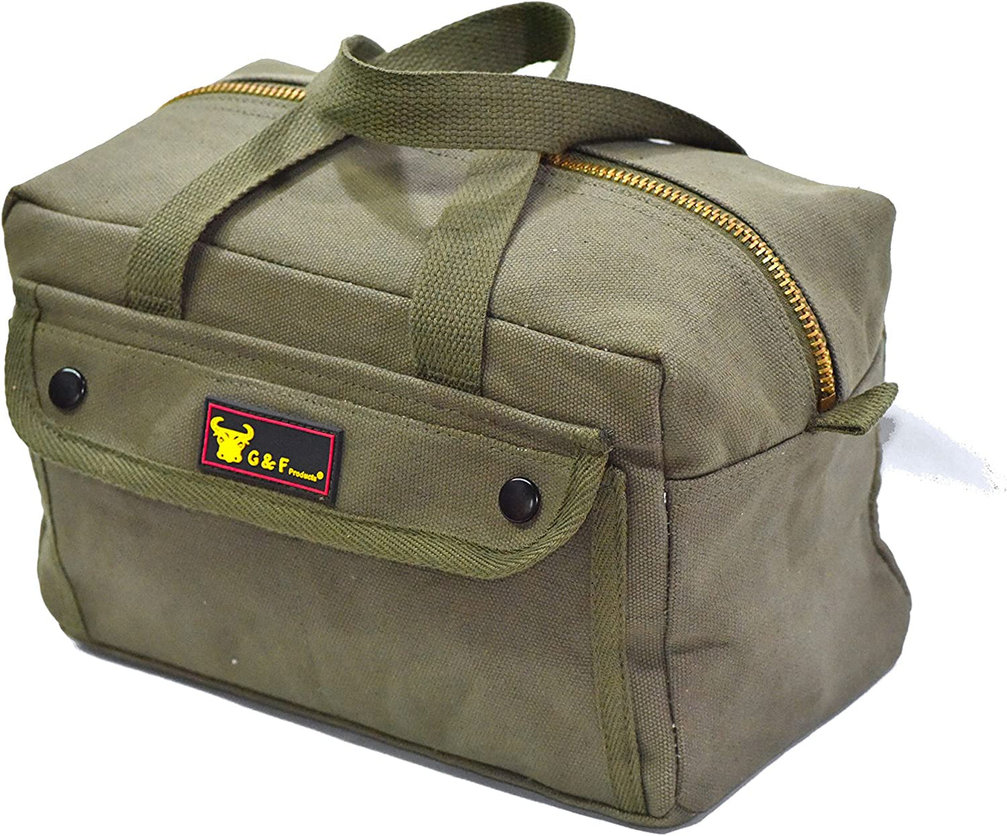 Government Issued Style Mechanics Heavy Duty Tool Bag with Brass Zipper and Side Pockets, Tool Bag for Cars, Drill, Garden, and Electrician. Olive Green , 11" X 7" X 6"