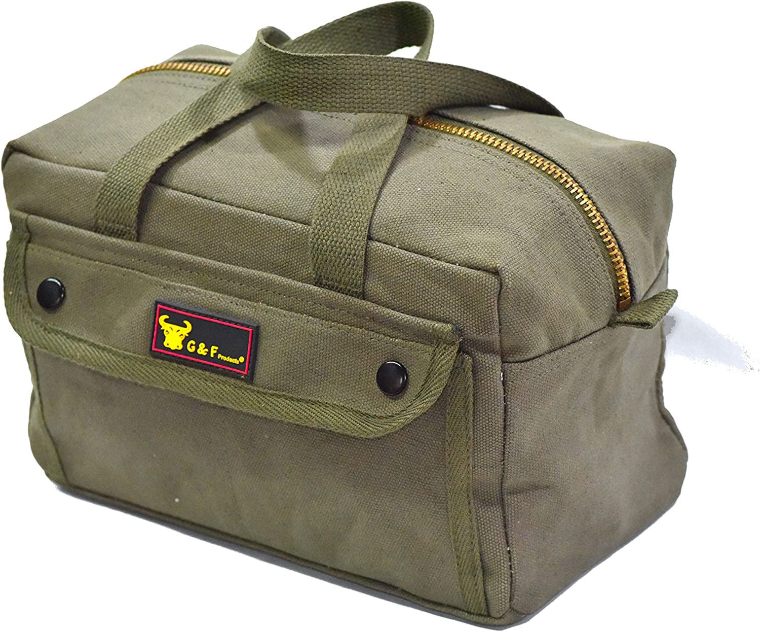 Government Issued Style Mechanics Heavy Duty Tool Bag with Brass Zipper and Side Pockets, Tool Bag for Cars, Drill, Garden, and Electrician. Olive Green , 11" X 7" X 6"