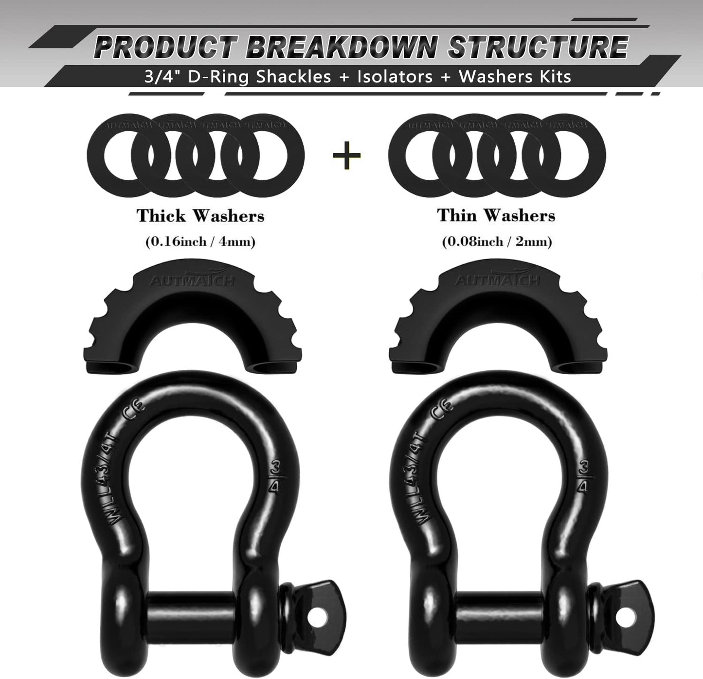 D Ring Shackle 3/4" Shackles (2 Pack) 41,887Ibs Break Strength with 7/8" Screw Pin and Shackle Isolator Washers Kit for Tow Strap Winch off Road Vehicle Recovery Black