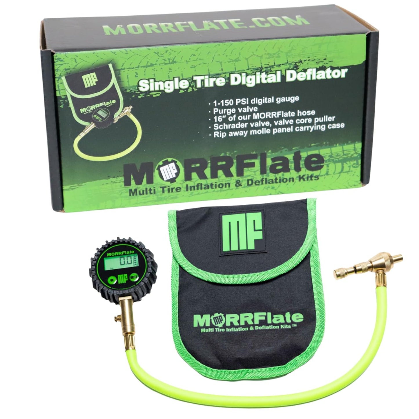 Single Tire Deflator | Rapid Air Deflator with 1-150 PSI Digital Gauge | Includes Purge Valve, 12 Inch Hose, and Rip Away Molle Panel Carrying Case