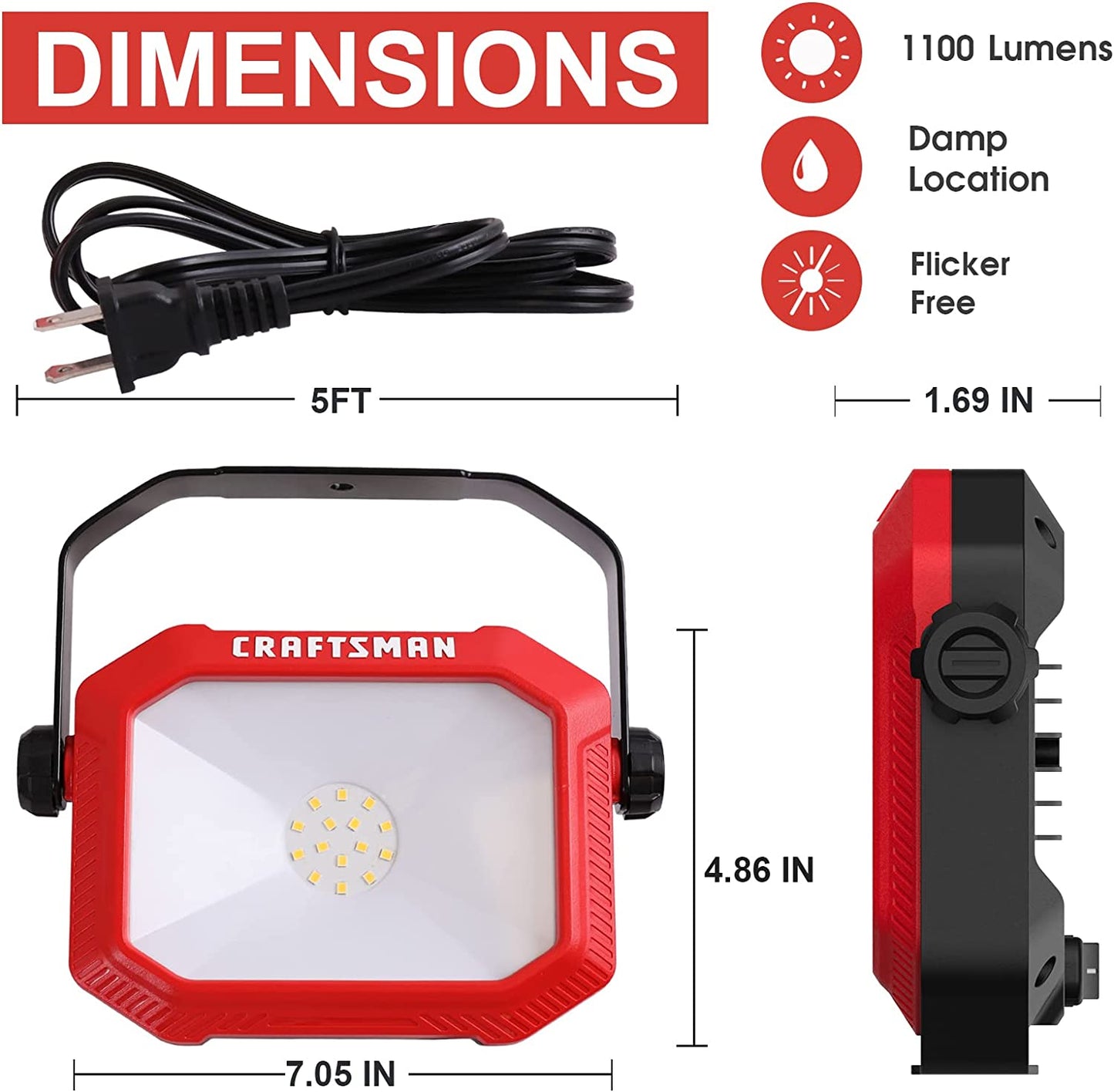 1100 Lumens 4000K LED Tiltable Portable Work Light in Red with 2-In-1 Adjustable Metal Rotating Stand and Handle, Impact-Resistant Glass Lens, 5FT Power Cord, ETL, Perfect for Job Site