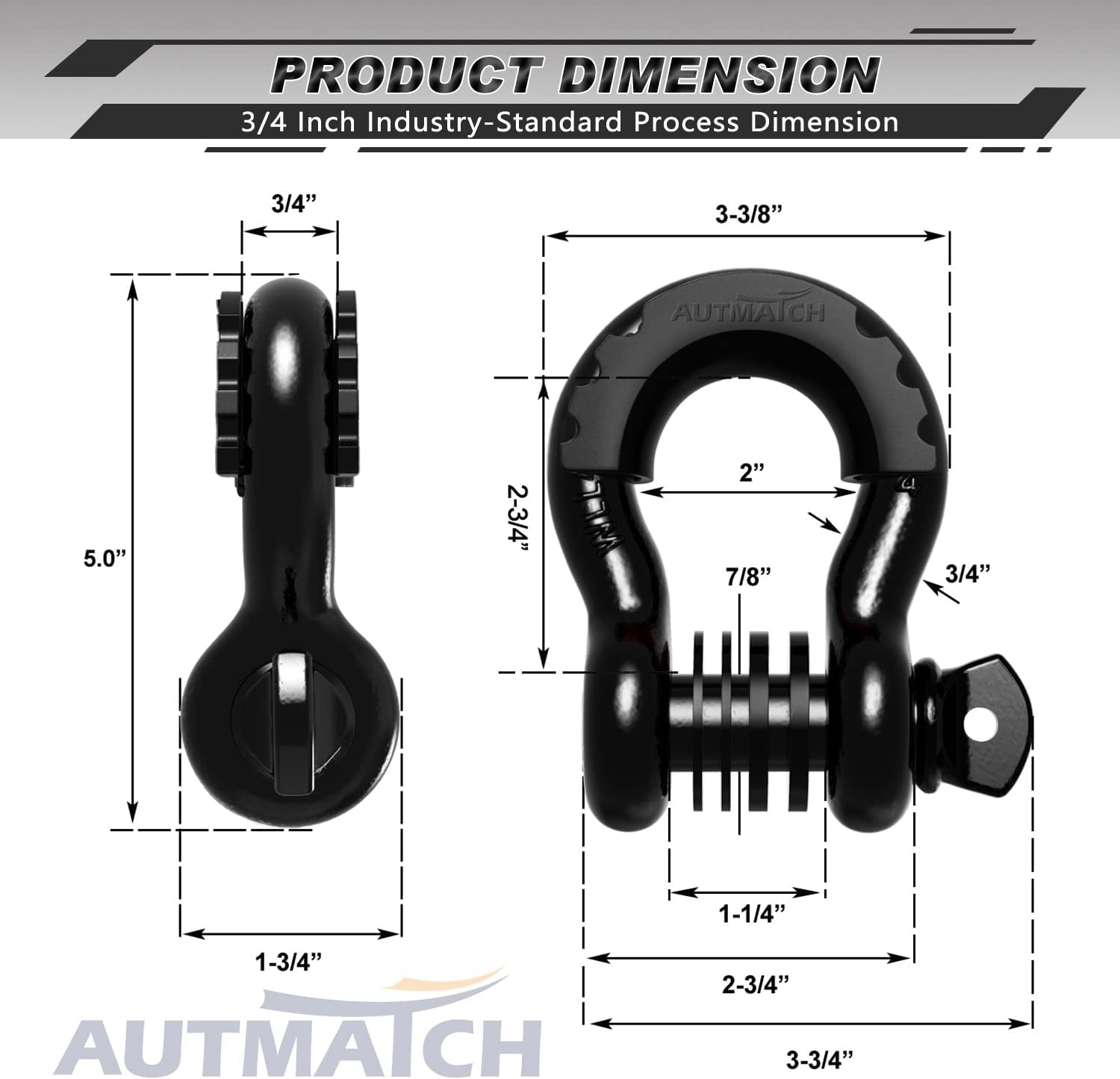 D Ring Shackle 3/4" Shackles (2 Pack) 41,887Ibs Break Strength with 7/8" Screw Pin and Shackle Isolator Washers Kit for Tow Strap Winch off Road Vehicle Recovery Black