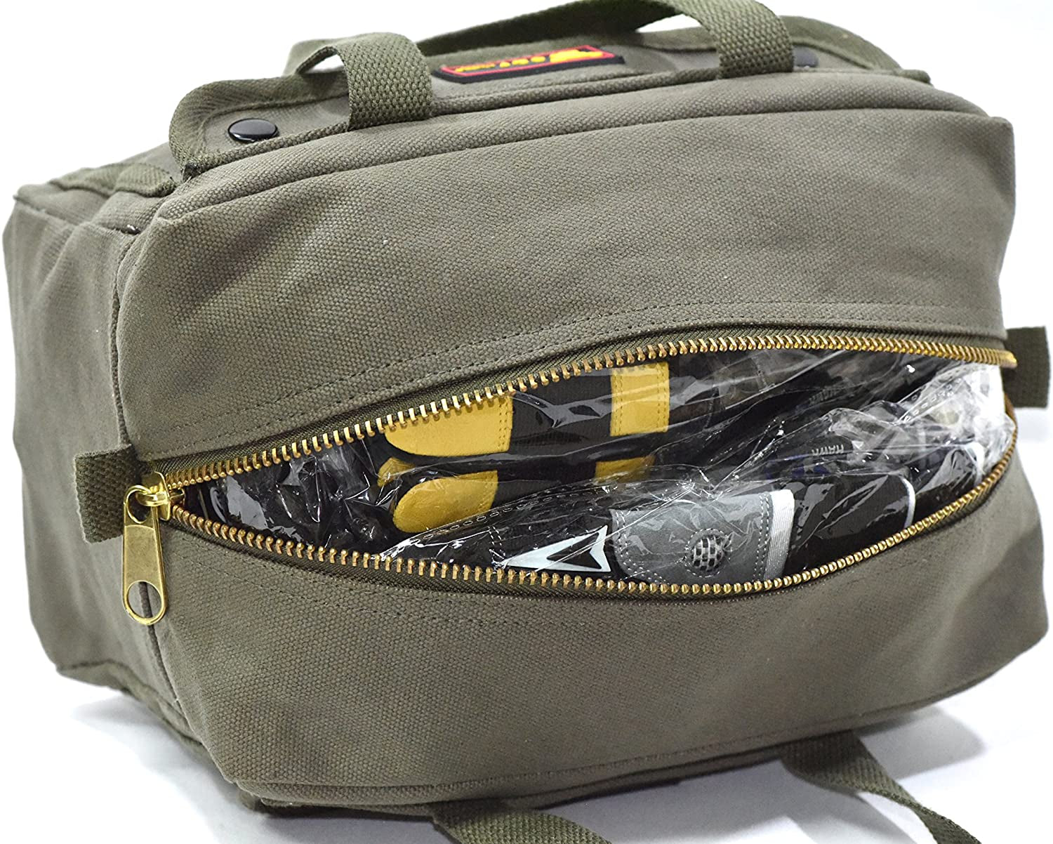 Government Issued Style Mechanics Heavy Duty Tool Bag with Brass Zipper and Side Pockets, Tool Bag for Cars, Drill, Garden, and Electrician. Olive Green , 11" X 7" X 6"