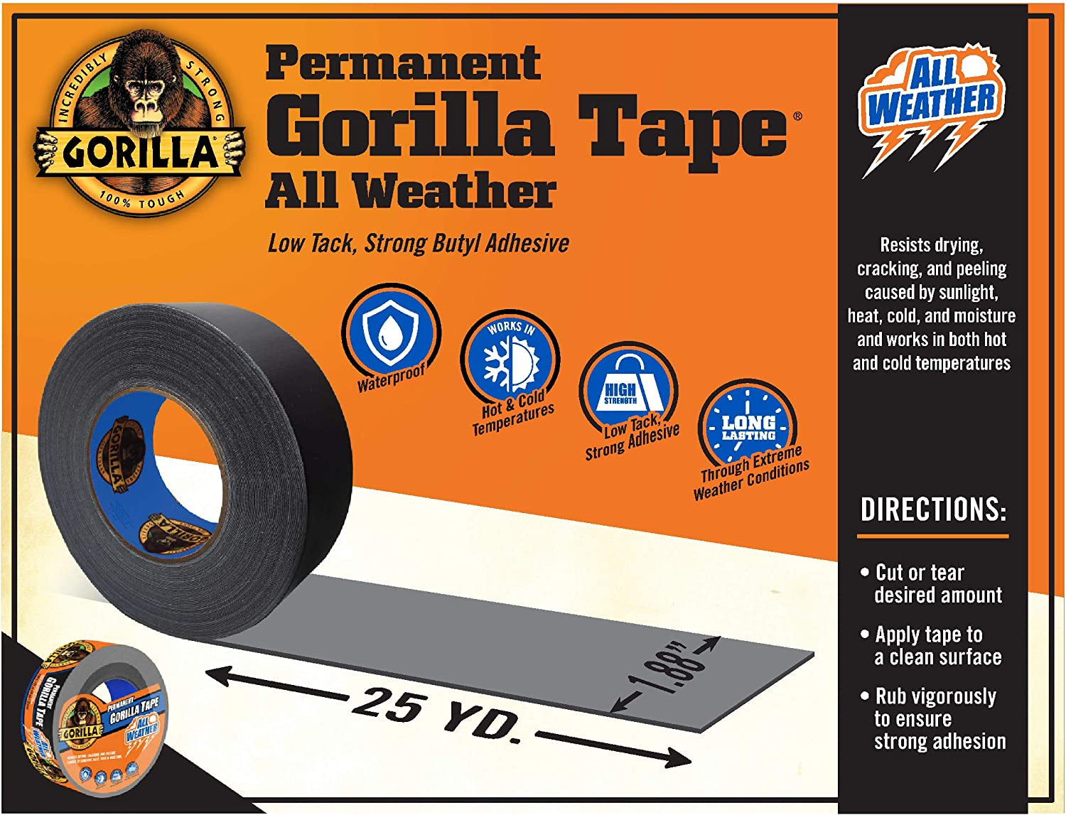 All Weather Outdoor Waterproof Duct Tape, UV and Temperature Resistant, 1.88" X 25 Yd, Black, (Pack of 1)