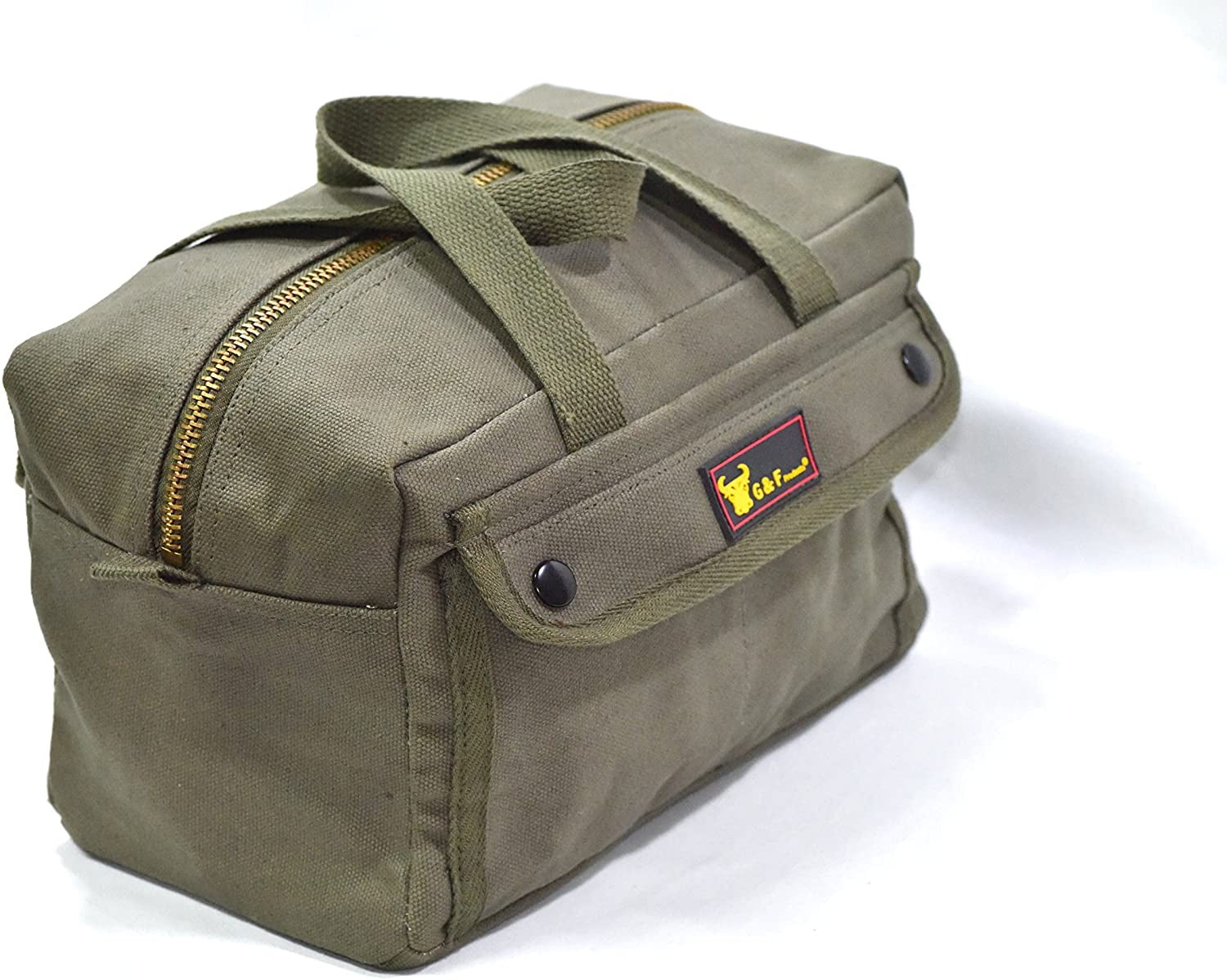 Government Issued Style Mechanics Heavy Duty Tool Bag with Brass Zipper and Side Pockets, Tool Bag for Cars, Drill, Garden, and Electrician. Olive Green , 11" X 7" X 6"