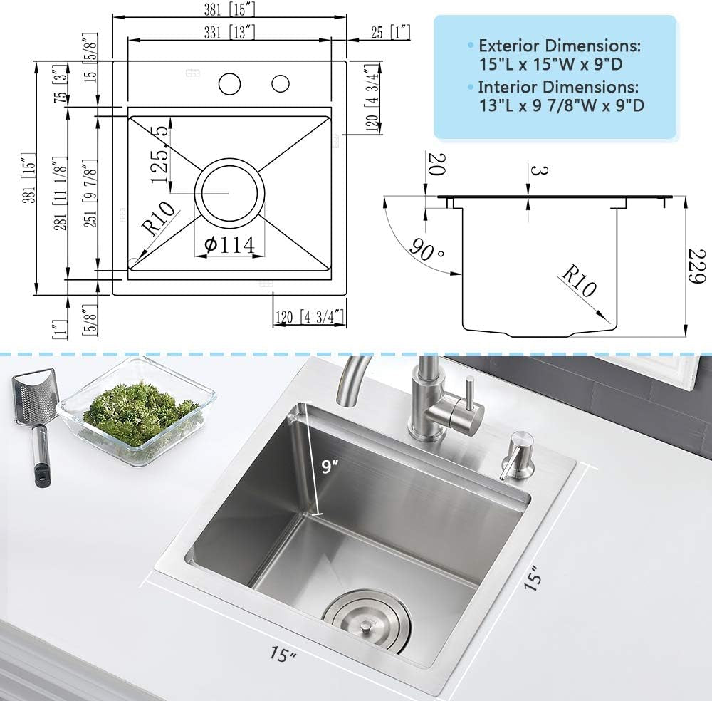 15 Inch Bar Sink Drop in Workstation- 15X15 Small Kitchen Sink Drop in Topmount Bar Sink 16 Gauge Stainless Steel Bar Prep Sink Outdoor Rv Single Bowl Kitchen Bar Sink with Cutting Board