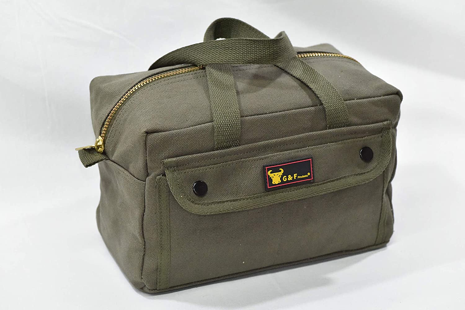 Government Issued Style Mechanics Heavy Duty Tool Bag with Brass Zipper and Side Pockets, Tool Bag for Cars, Drill, Garden, and Electrician. Olive Green , 11" X 7" X 6"