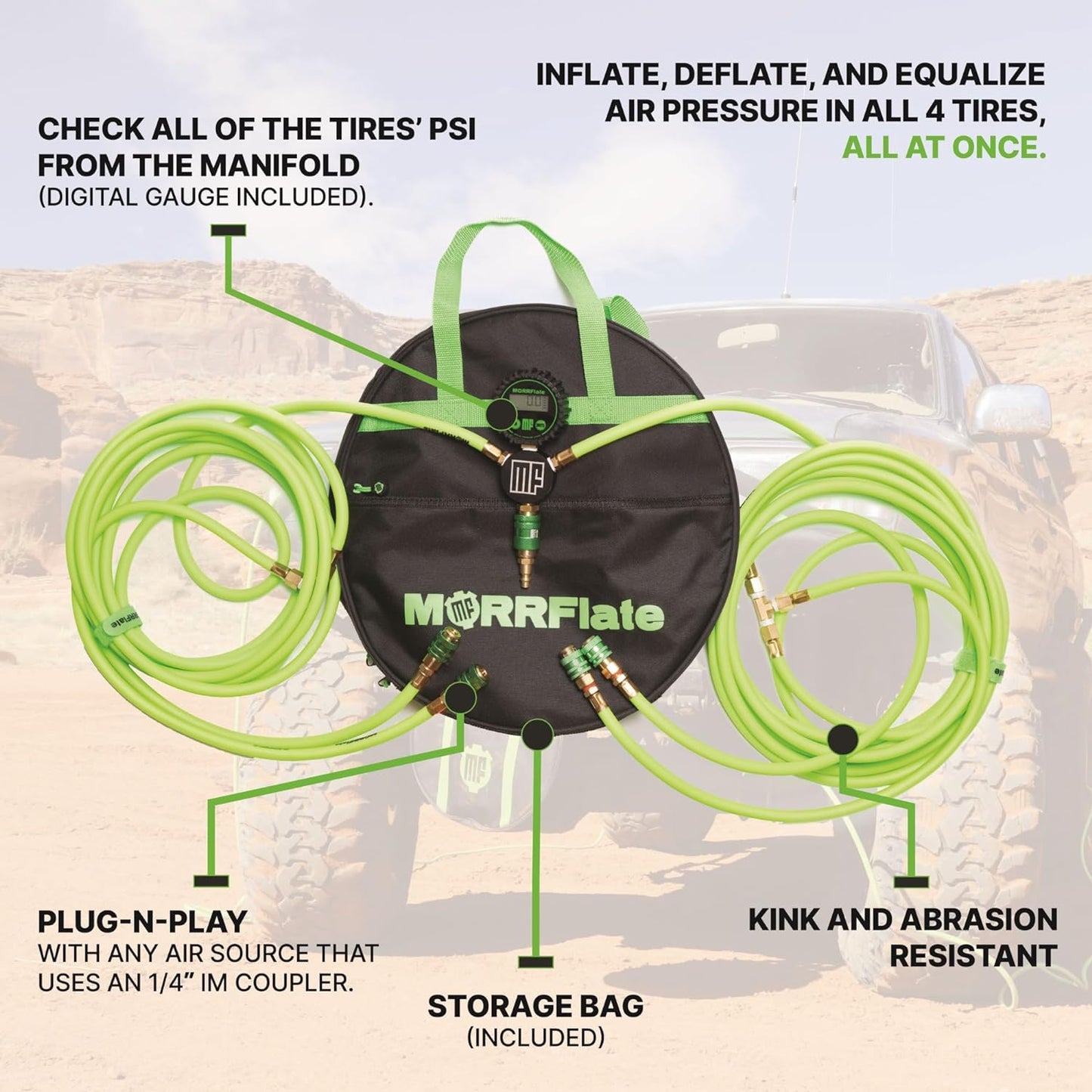 Quad+ 4 Tire Inflation Deflation System | Fits up to 155" Wheelbase | Includes Manifold, Digital Gauge, and Storage Bag