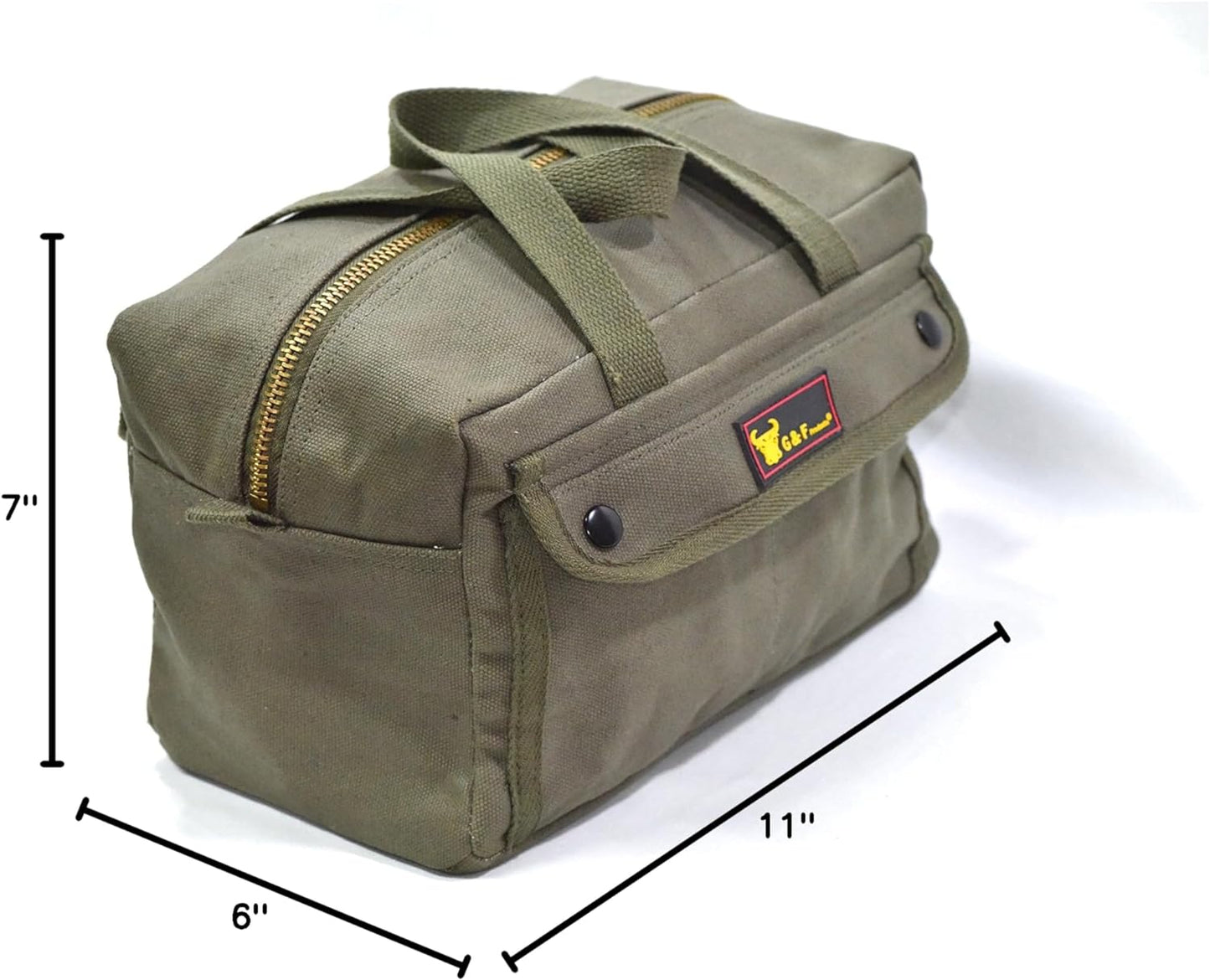 Government Issued Style Mechanics Heavy Duty Tool Bag with Brass Zipper and Side Pockets, Tool Bag for Cars, Drill, Garden, and Electrician. Olive Green , 11" X 7" X 6"