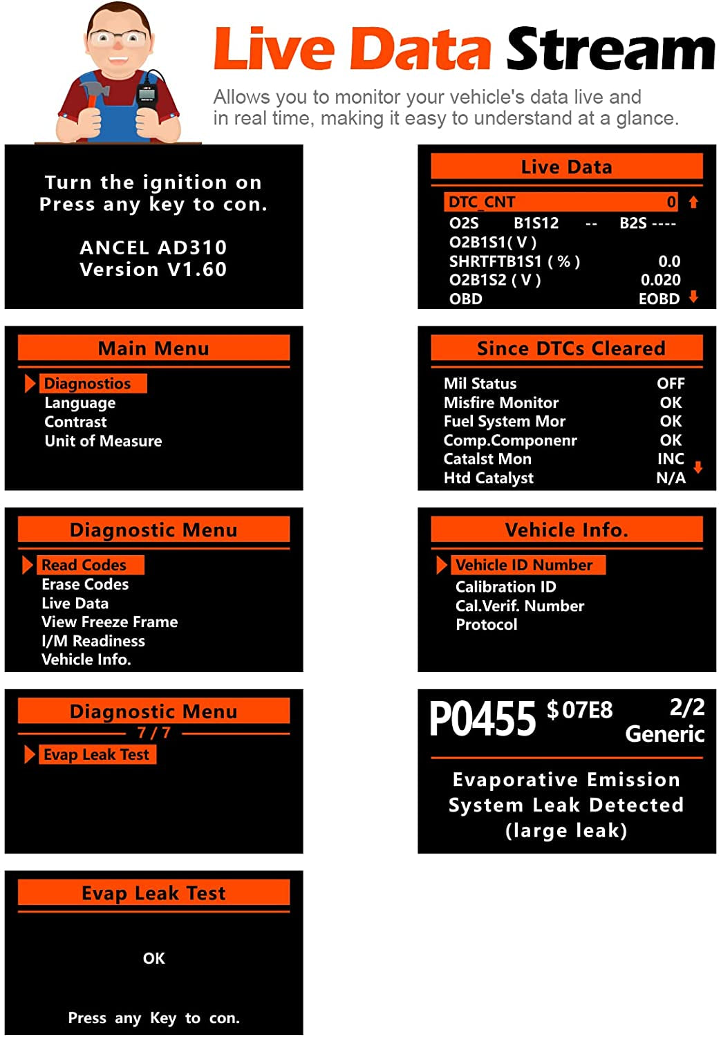 AD310 Classic Enhanced Universal OBD II Scanner Car Engine Fault Code Reader CAN Diagnostic Scan Tool-Black