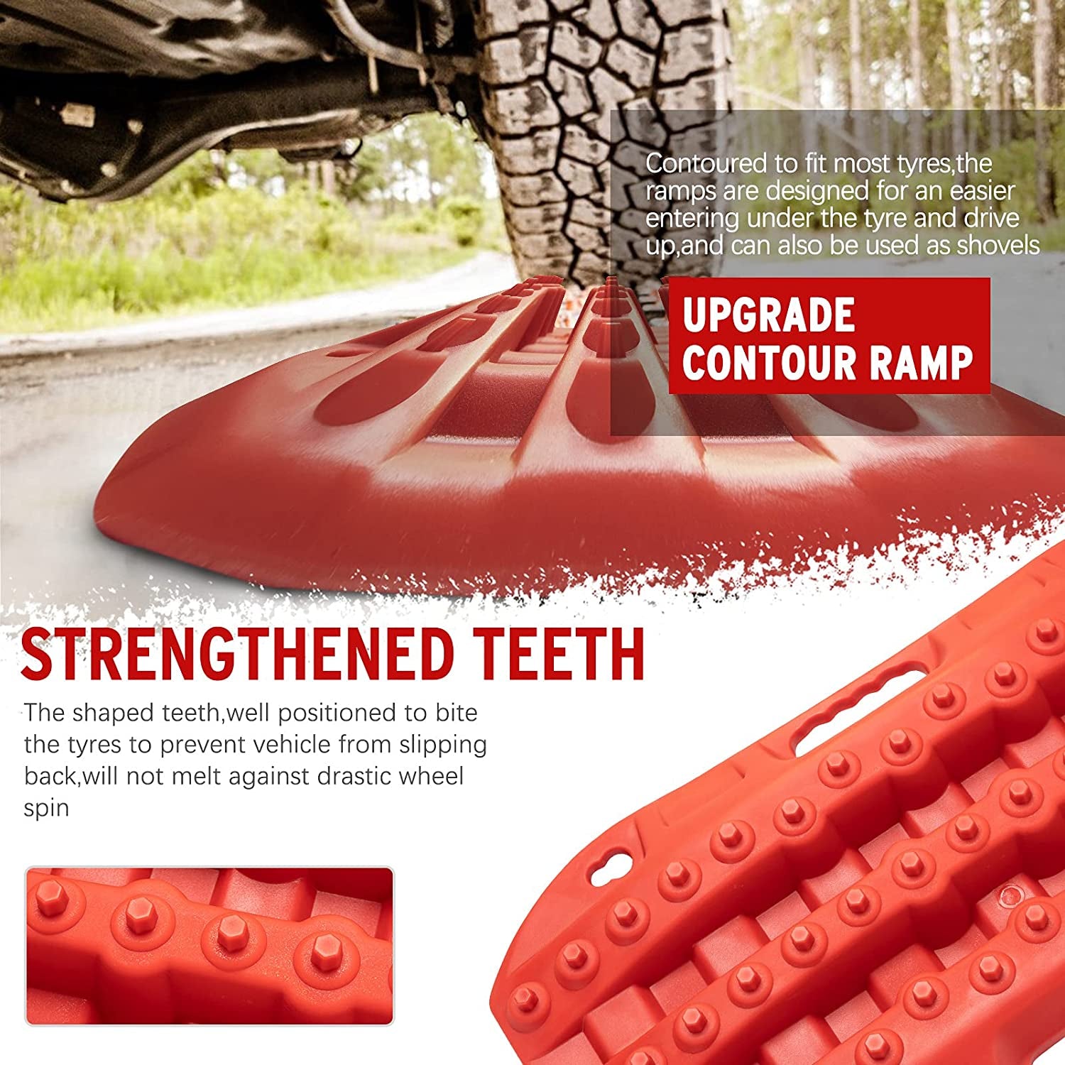 off Road Traction Boads, 2 Pcs Short Recovery Track Traction Mats for 4WD Mud, Sand, Snow Ramps-Red Tire Traction Tool (Without Strap)