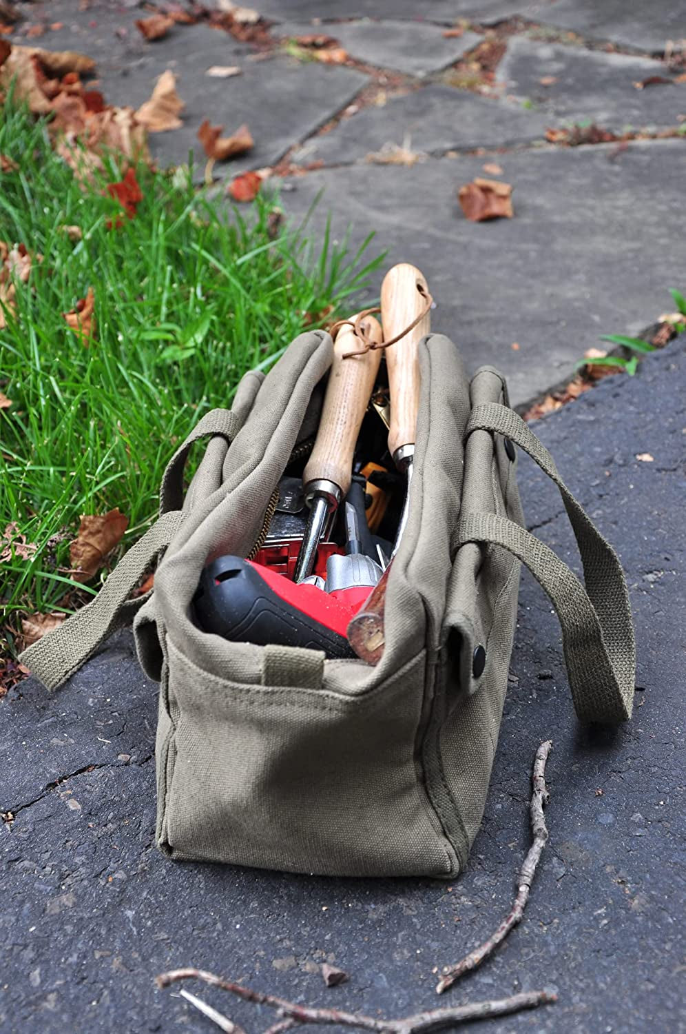 Government Issued Style Mechanics Heavy Duty Tool Bag with Brass Zipper and Side Pockets, Tool Bag for Cars, Drill, Garden, and Electrician. Olive Green , 11" X 7" X 6"