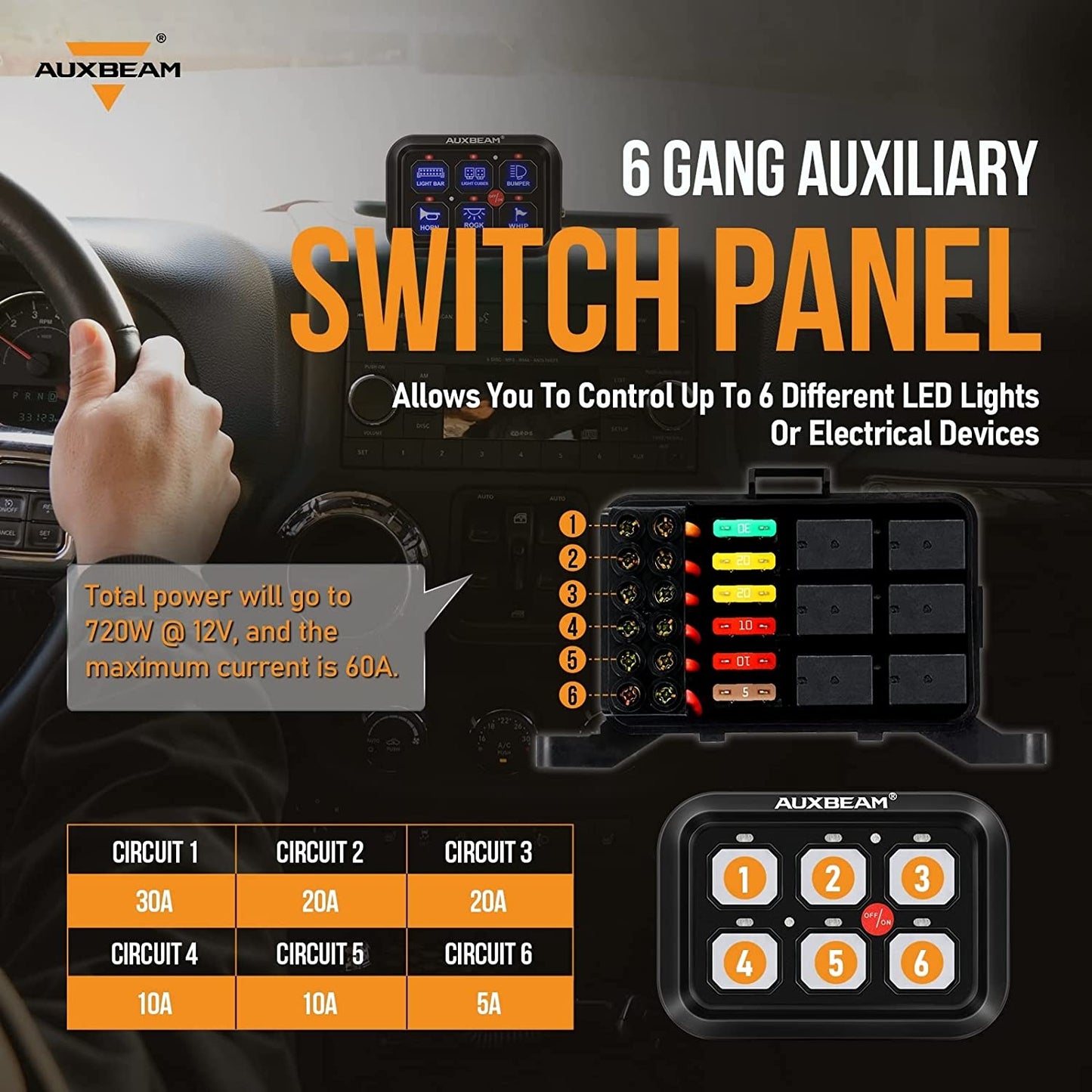 6 Gang Switch Panel BC60 Universal Circuit Control Relay System Automatic Dimmable LED Switch Pod Touch Control Panel Switch Relay Box for Car Truck Pickup Boat UTV Suv-Blue, 2 Year Warranty