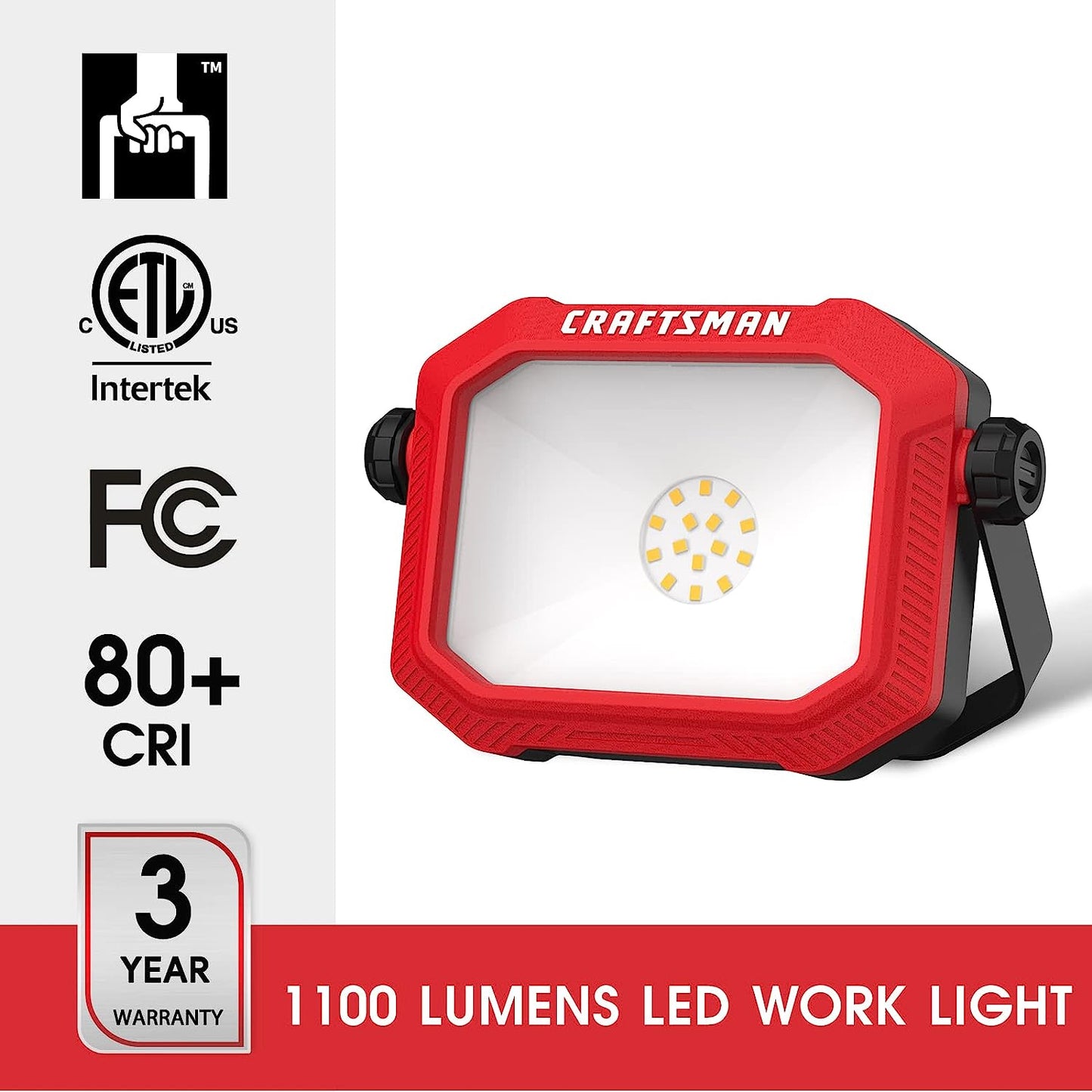 1100 Lumens 4000K LED Tiltable Portable Work Light in Red with 2-In-1 Adjustable Metal Rotating Stand and Handle, Impact-Resistant Glass Lens, 5FT Power Cord, ETL, Perfect for Job Site